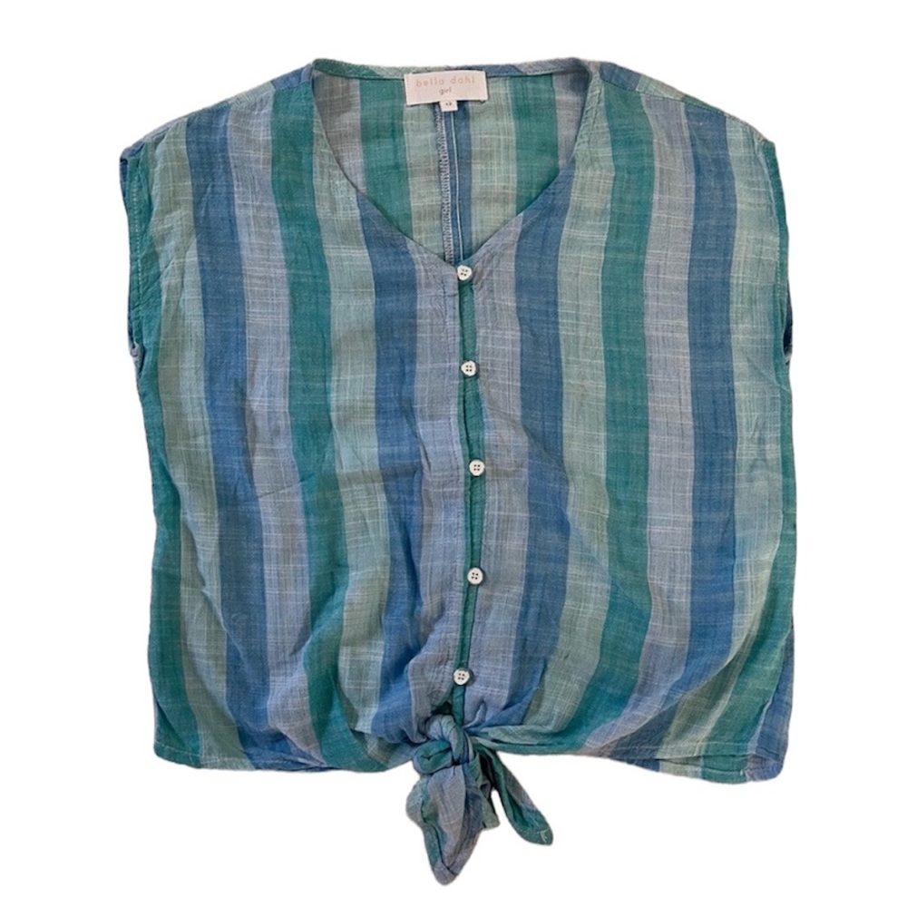Bella Dahl Girl Size 12 Blue Vertical Stripe Button + Tie Front Short Sleeve Top